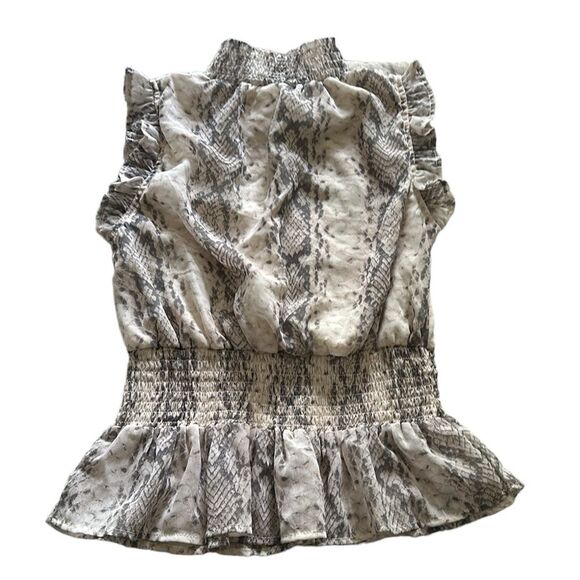 Japna Smocked Neck Ruflle Snakeskin Print Chiffon Blouse Sleeveless Size S - Picture 2 of 6